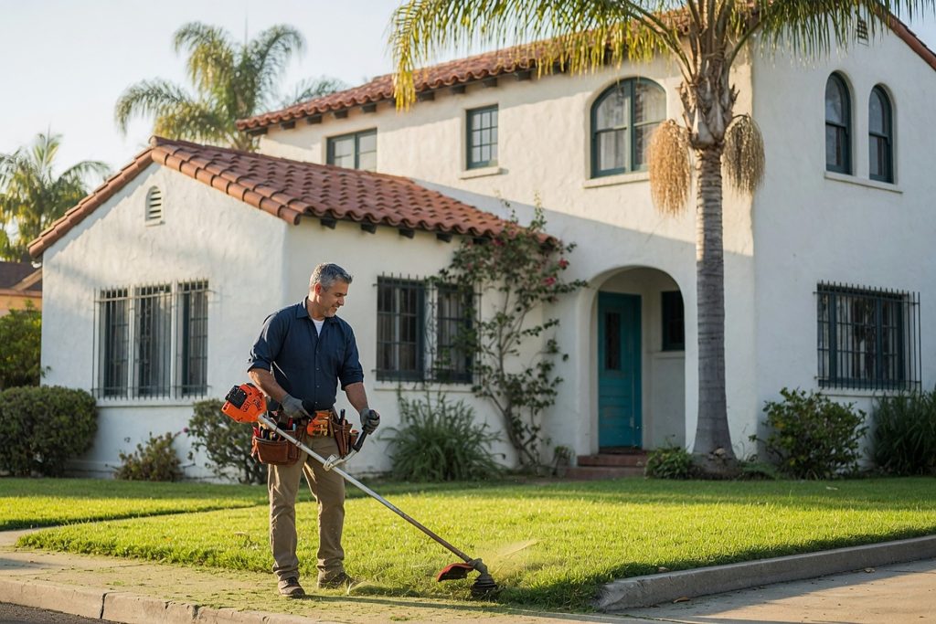 Handyman edging a lawn in front of a Spanish-style San Diego home
